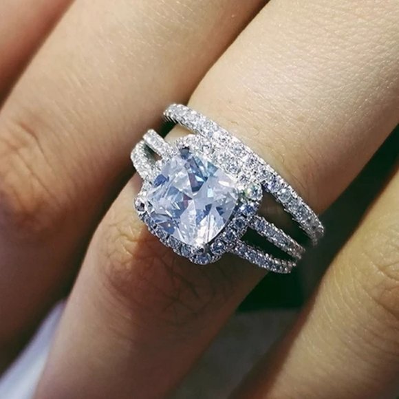Jewelry - NEW 2PC/Set 925 Silver Cushion Diamond Halo Ring